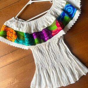 White Off-Shoulder Top with Multicolor Floral Embroidery